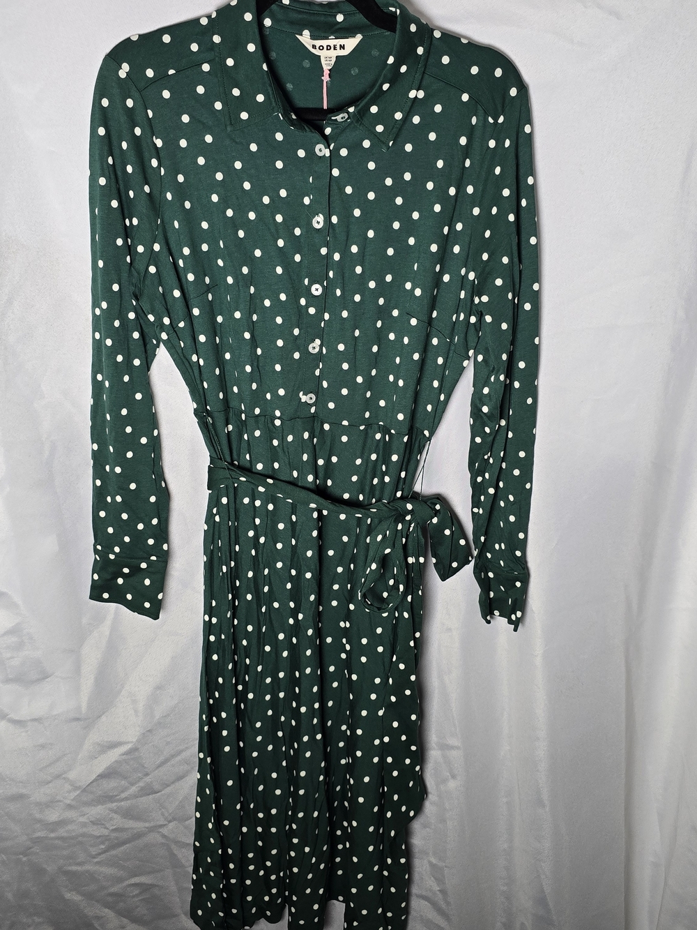 NWT Boden Emerald Green Polka Dot Button Front Shirt Dress Tie Waist, Sz 10P